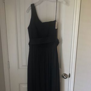 Black, one shoulder maxi dress from David’s Bridal